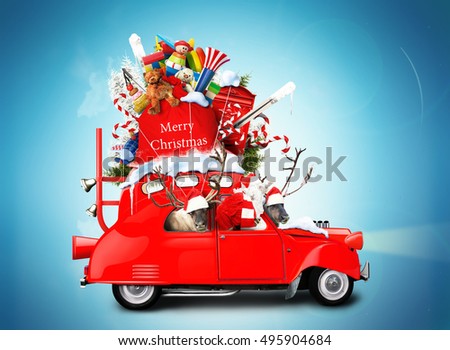 Santa Claus with reindeer in a car with gifts