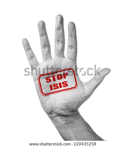 Male Hand With Stamp Stop ISIS, Isolated Over White - stock photo