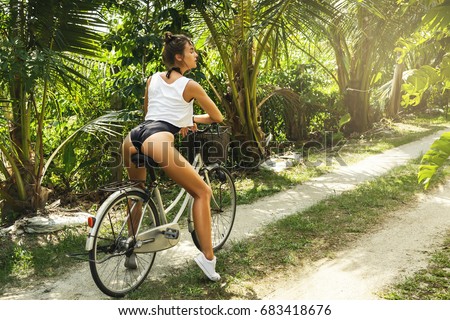 .y Beautiful Woman Bicycle Hot Summer Stock Photo 