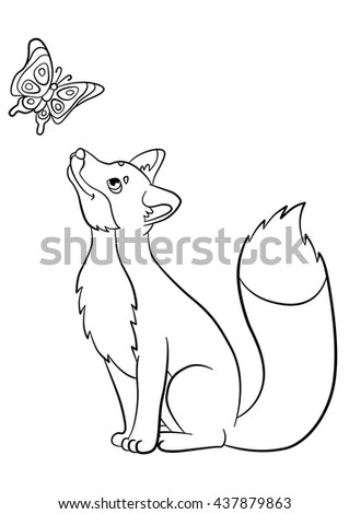 Coloring Pages Wild Animals Little Cute Fox Looks At The Butterfly And Smiles
