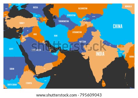 political map of south asia and middle east countries simple flat vector map in four