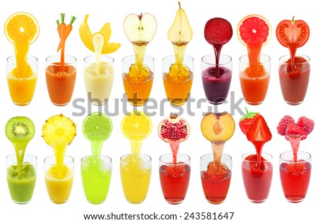 collage of fruit and vegetable juice isolated on white