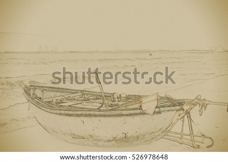 Traditional fishing boats on the beach of Da Nang city. Vietnam. Vintage painting, background illustration, beautiful picture, travel texture