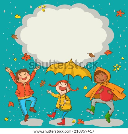 Happy Kids playing Kids jumping around placard with umbrella under the rain. Autumn background. Great Isolated objects can be use for school children book , advertising , post cards and etc. VECTOR.