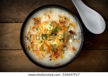 Confinement and comfort food - Chicken Porridge with slice fried dough stick. top view