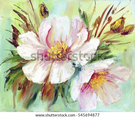 Pink wild peony background. Oil painting floral texture