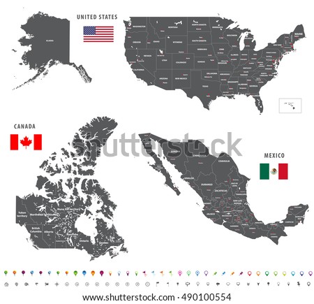 stock vector high detailed maps of canada united states and mexico with flags and location avigation icons all 490100554