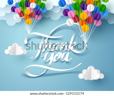 Paper art of thank you calligraphy hand lettering hanging with colorful balloon, vector art and origami.