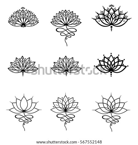 Set ornamental lotus flower vector illustrtation tattoo, patterned Indian paisley
