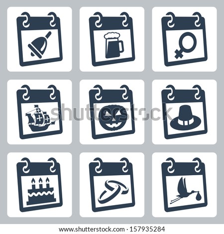 Vector calendar icons representing holidays: The Knowledge Day, Oktoberfest, International Woman's Day, Columbus Day, Halloween, Thanksgiving Day, birthday, wedding day, baby shower