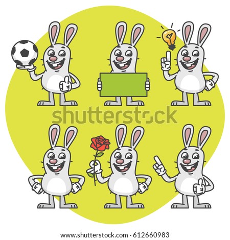 stock vector rabbit holds soccer ball empty nameplate flower set characters vector illustration mascot 612660983