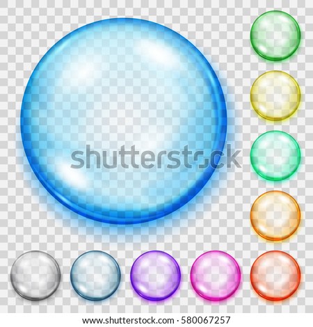 Set of transparent colored spheres with shadows on transparent background. Transparency only in vector file