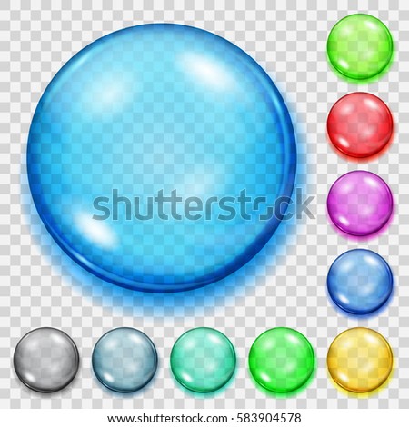 Set of transparent colored spheres with shadows on transparent background. Transparency only in vector file