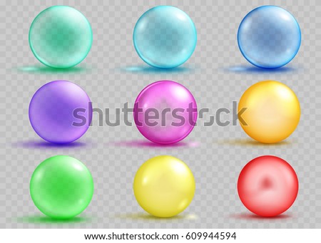 Set of transparent and opaque colored spheres with shadows and glares on transparent background. Transparency only in vector file