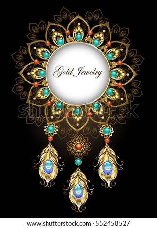 Round, jewelry banner, made in the ethnic style, is decorated with precious gold peacock feathers. Jewelry Design.