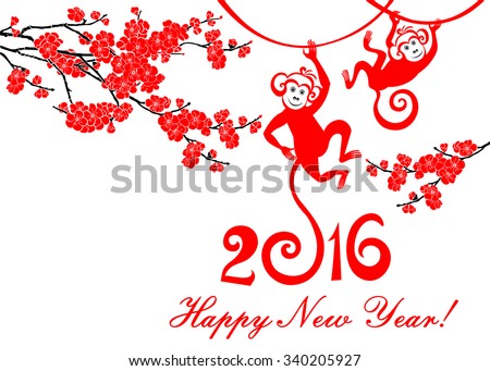 Happy new year 2016. Year Of The Monkey. Celebration background with Red Plum flowers, monkey and place for your text. Vector Illustration