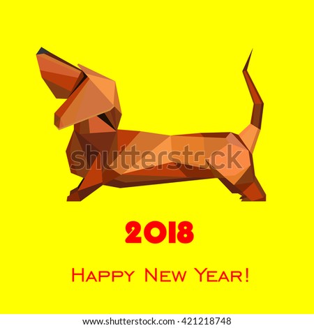 2018 Happy New Year greeting card. Celebration yellow background with dog and place for your text. Vector Illustration