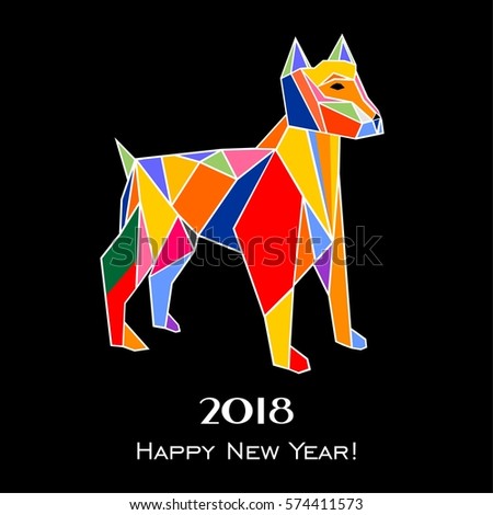 2018 Happy New Year greeting card. Celebration black background with dog and place for your text. Vector Illustration