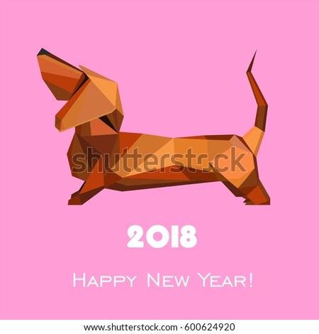 2018 Happy New Year greeting card. Celebration pink background with dog and place for your text. Vector Illustration