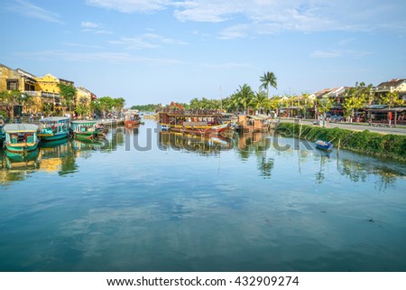 Hoi An, Vietnam - May 18, 2016: Traditional boats in Hoi An. Hoi An is the World's Cultural Heritage site, famous for its diverse culture and architecture
