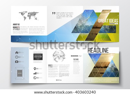 Vector set of tri-fold brochures, square design templates with element of world map and globe. Abstract colorful polygonal background with blurred image, triangular and hexagonal vector texture.