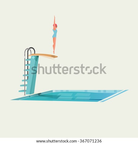 Sport Women Standing On Diving Board Preparing To Jump And Dive Sport Women Standing On Diving Board Preparing To Jump And Dive