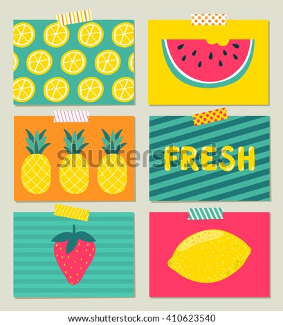 Vector set of bright summer cards. Beautiful summer posters with pineapple, watermelon, lemon, palm leaves and hand written text. Journal cards.