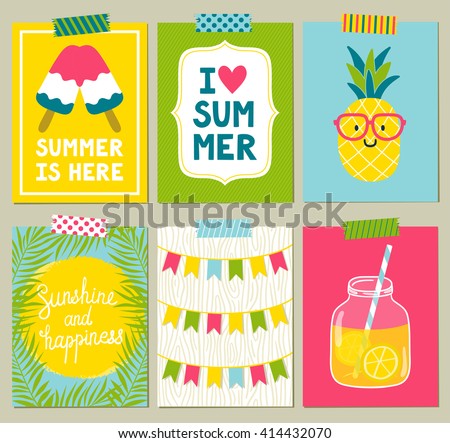 Vector set of bright summer cards. Beautiful summer posters with pineapple, lemonade, ice cream, sun, palm leaves, phrases "Summer is here", "Sunshine and happiness", "I love summer". Journal cards.