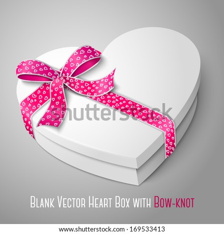 Vector realistic blank white heart shape box with pink and white ribbon and bow-knot isolated on gray background. For your valentines day or love presents design.