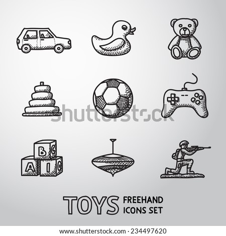Toys hand drawn icons set with - car, duck, bear, pyramid, ball, game controller, blocks, whirligig, soldier. Vector