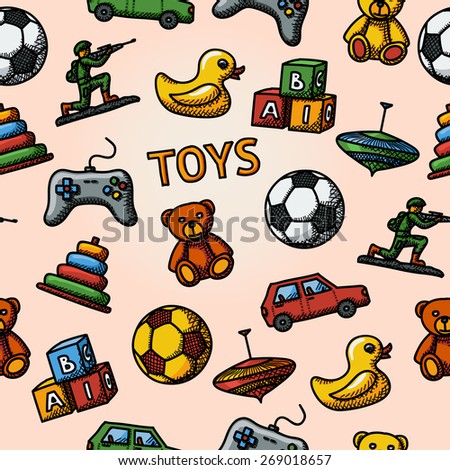 Seamless toys handdrawn pattern with - car, duck, bear, pyramid, ball, game controller, blocks, whirligig, soldier. Vector