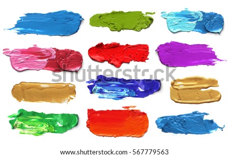 Abstract acrylic color brush strokes. Collection. Isolated on white.