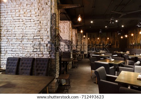 Interior Of Modern Restaurant Contemporary Design In Loft Style Big Cozy Hall With Tables Interior Of Modern Restaurant Contemporary Design In Loft Style Big Cozy Hall With Tables