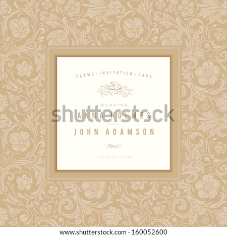 Vintage wedding card vector. Gold frame with an ornament in baroque style.