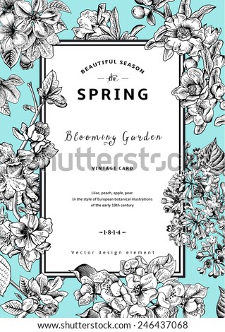 Vintage vector vertical card spring. Black and white blooming branches of lilac, peach, pear, pomegranate, apple on mint background.