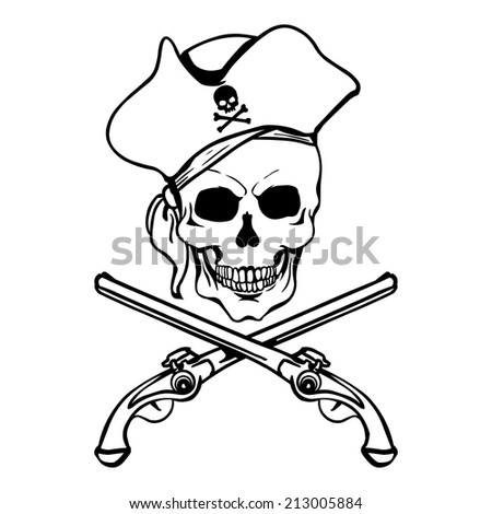 Vector Single Lineart Skull with Cross Pistols - stock vector