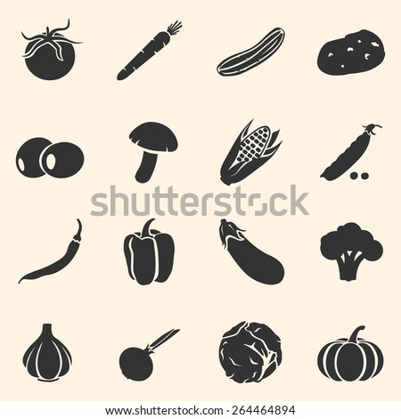 Vector Set of Vegetables Icons. Tomato, Carrot, Cucumber, Potato, Olives, Mushroom, Corn, Peas, Chili Peper, Paprika, Eggplant, Brocolli, Cauliflower, Garlic, Onion, Cabbage, Pumpkin.