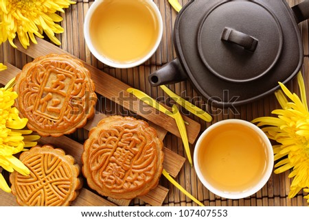 Mooncake and tea,Chinese mid autumn festival food.