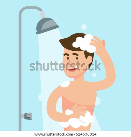Happy man taking shower in bathroom concept, Flat vector illustration.
