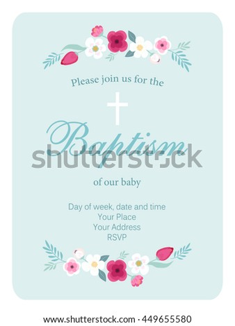 Cute vintage Baptism invitation card with hand drawn flowers for your decoration