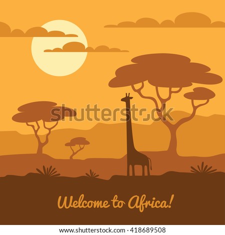 Africa landscape illustration with cute giraffe silhouette and african trees. Can be used for touristic or safari banner, poster design
