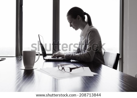 Business woman using laptop computer.