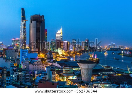 Top view of Ho Chi Minh City at night time, Vietnam.