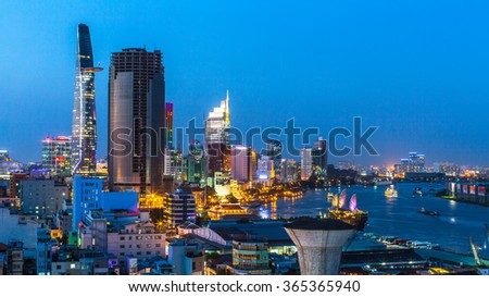 HO CHI MINH CITY, VIETNAM - JAN 15, 2016: Top view of Ho Chi Minh City at night. Ho Chi Minh, former Saigon, is located in the South of Vietnam, is the country's largest city, population 8 million.