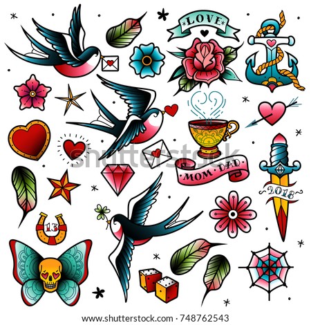 Old School Tattoo Set Stock Vector 748762543 - Shutterstock