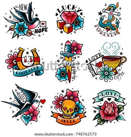 Old School Tattoo Emblems Set Stock Vector 748762573 - Shutterstock