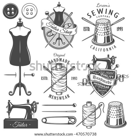 Set of vintage monochrome tailor tools and emblems. Designer toolkit. Perfect for logo, label, emblems and other signs