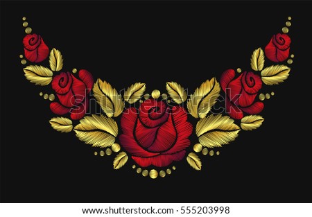 Embroidery crewel flower necklace traditional ornament decoration roses leaves rich glowing golden gold design vector illustration vintage retro style design