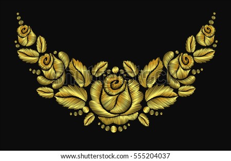 Embroidery crewel flower necklace traditional ornament decoration roses leaves rich glowing golden gold design vector illustration vintage retro style design