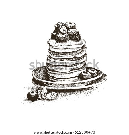 pancakes, pastries, sweets, tasty Breakfast in the vector graphics, hand-drawn, engraving, decoration of fruit, cake, cute greeting card, menu design restaurant, cafe, bakeries, cozy kitchen